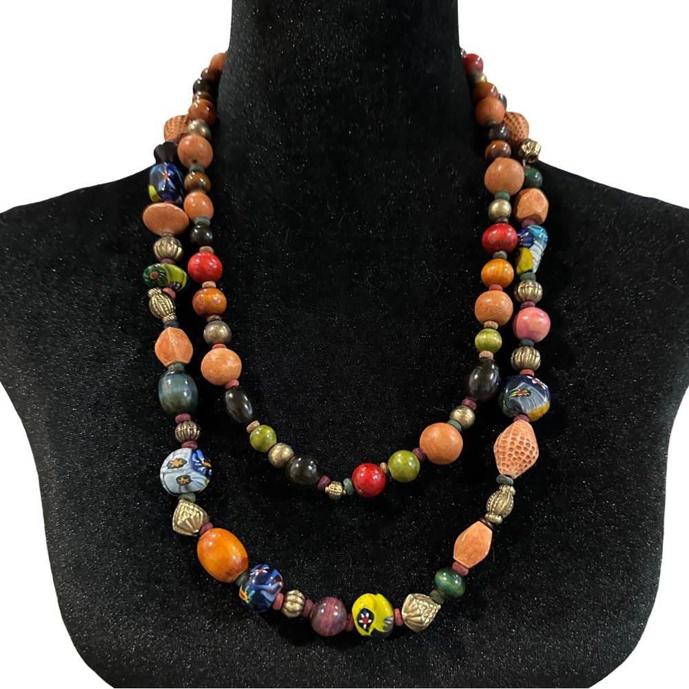 Vintage Double Strand Necklace Beaded Brown Wooden Painted Artisan Beads